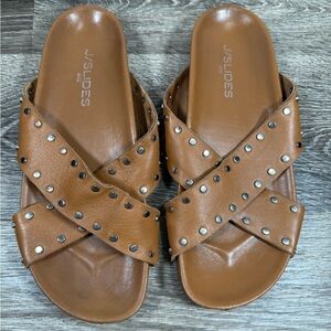 J Slides Shoes Womens sz:7.5M Brown Leather Upper Silver Nailhead Studs Boho